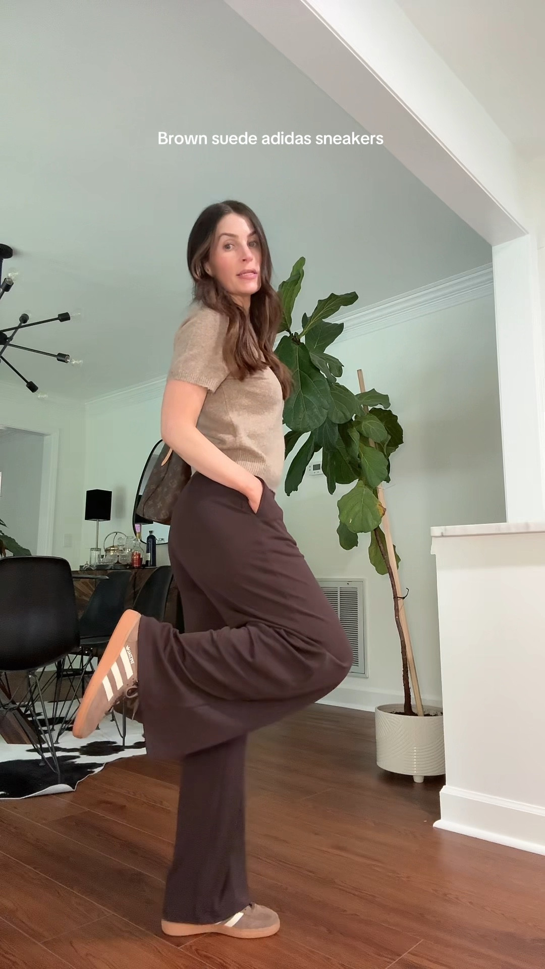 Brown suede adidas handball spezial earth strata
Wearing a whole size smaller than my usual shoe size 
Business casual outfit 
Wearing xs in sweater and pants 
Uniqlo crepe Jersey straight pants 
Abercrombie short sleeve sweater top 

#LTKShoeCrush #LTKWorkwear #LTKStyleTip