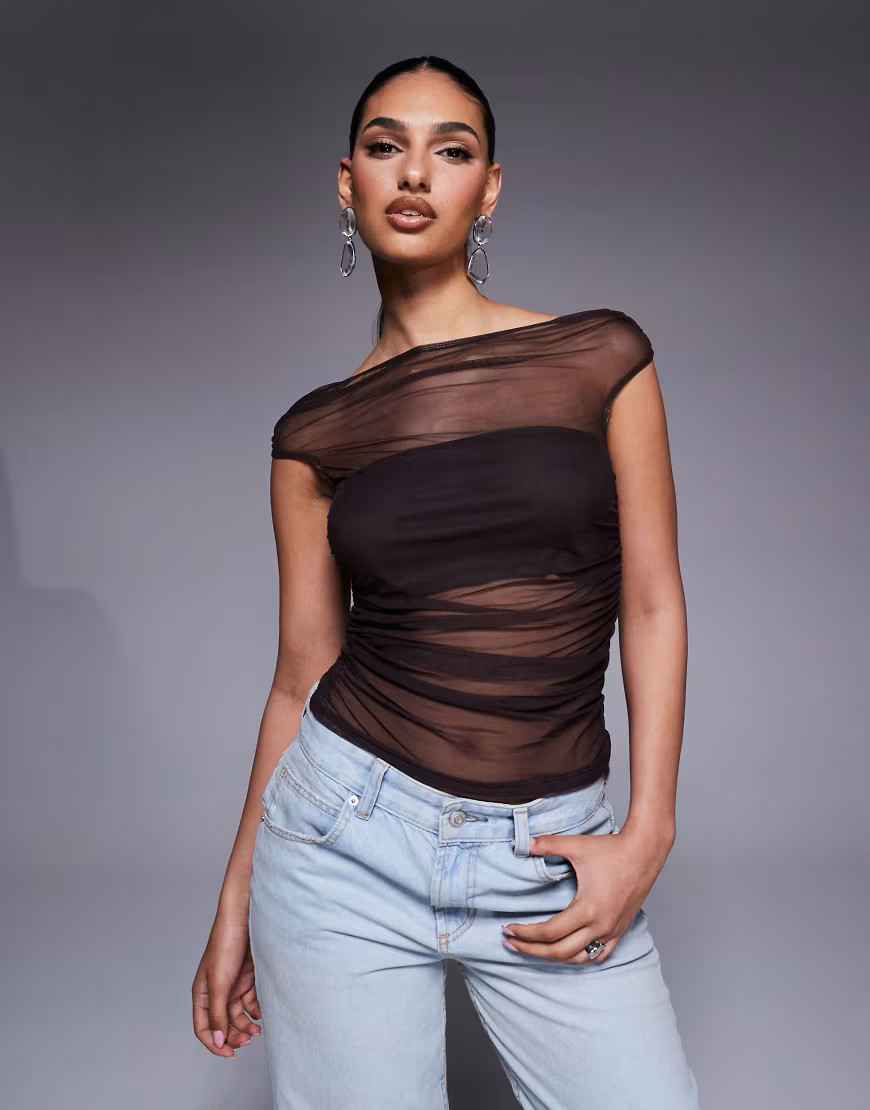 ASOS DESIGN gathered short sleeve off the shoulder mesh top in chocolate-Brown | ASOS (Global)