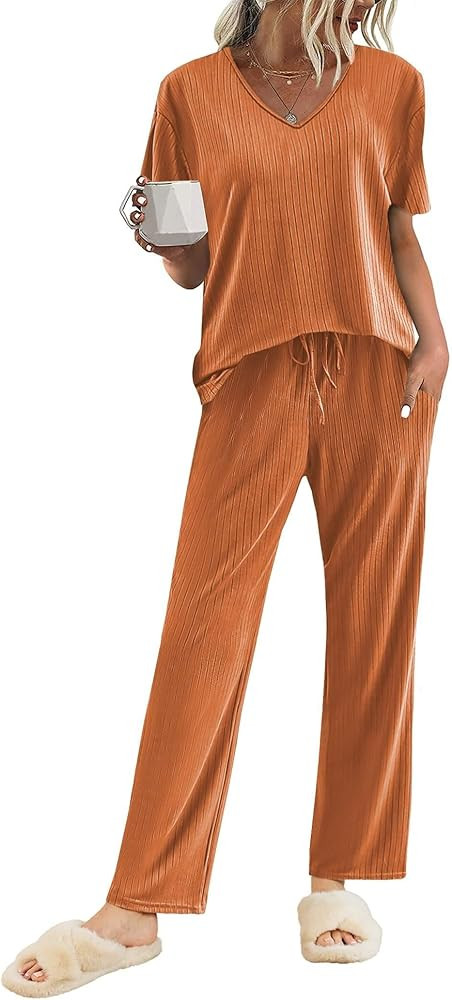 Ekouaer Womens Ribbed Knit Lounge Set Short Sleeve Top and Long Pants Sleepwear Pajama Set Two Pi... | Amazon (US)