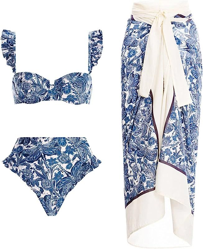 Monokini Swimsuits for Women Tummy Control Bathing Suits with Sarong Cover Ups V Neck Vinatge Boh... | Amazon (US)