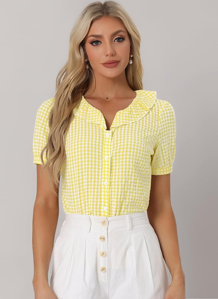 Allegra K Women's Gingham Plaid Shirts, Plaid Top for Women, Ruffle Collar Blouse, Short Sleeve C... | Amazon (UK)