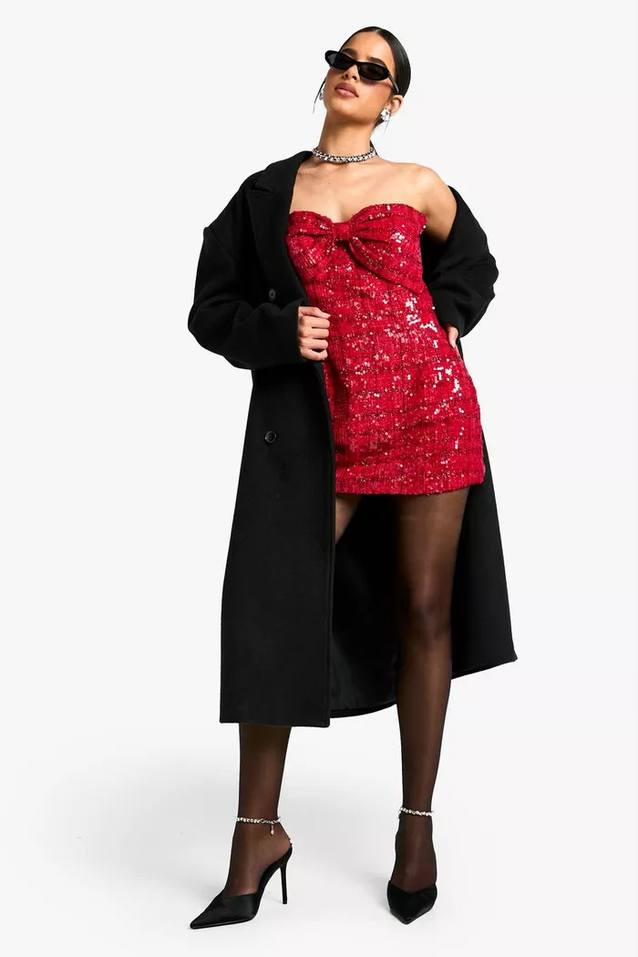 Bow Detail Boucle Sequin Shift Mini Dress | Boohoo.com (UK & IE)