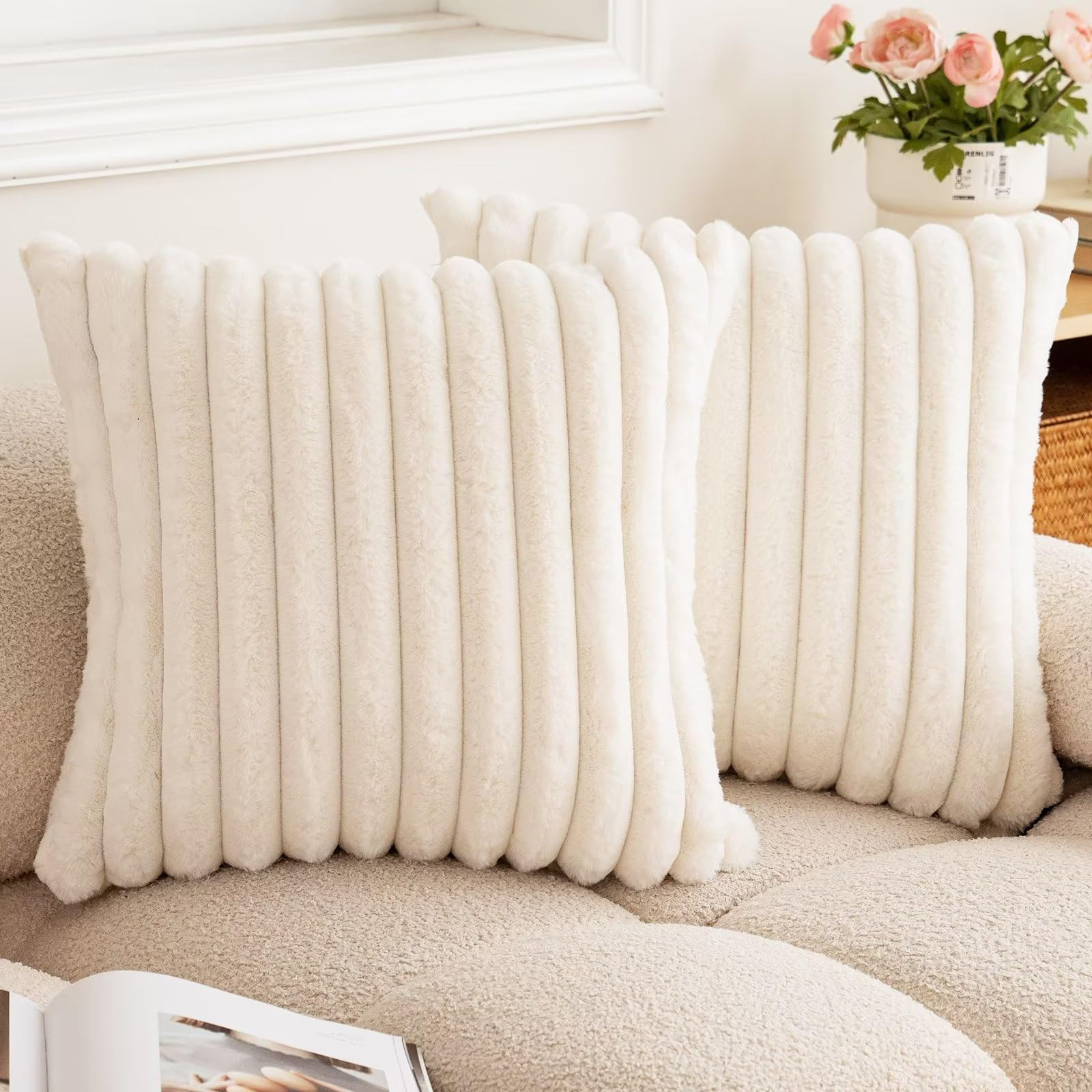 Double-Sided Faux Fur Plush Throw Pillow Covers 18x18 Set of 2 Fuzzy Striped Soft Cozy Pillowcase... | Amazon (US)