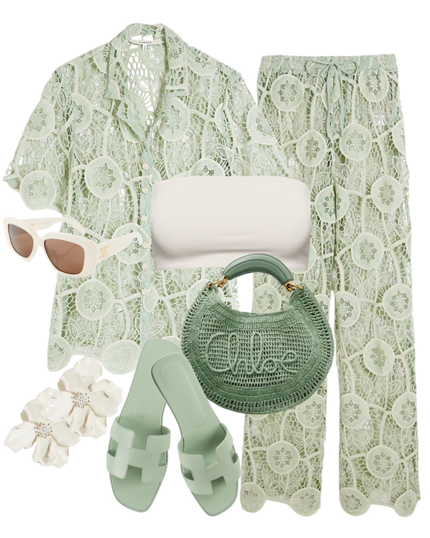 Summer co-ord set, green lace button up shirt and matching trousers, beach co-ord, bandeau top, Chloe bag, flower earrings, sandals. Matching set, holiday outfit, beachwear, vacation look

#LTKsummer #LTKtravel #LTKeurope