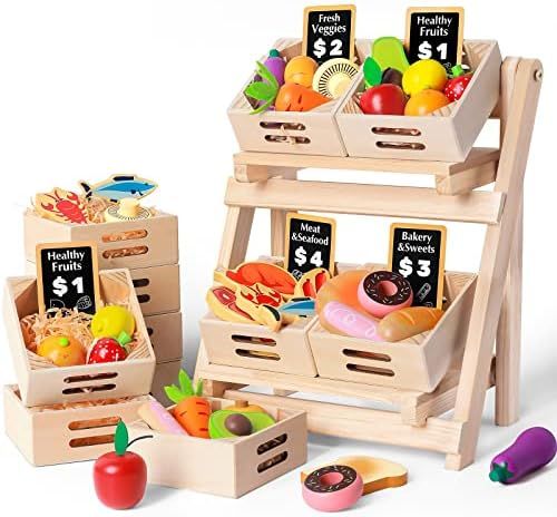 Wooden Play Food Sets for Kids Kitchen - 100% Wood 43 Pieces Kids Toy Food for Toddlers 3+ Year O... | Amazon (US)