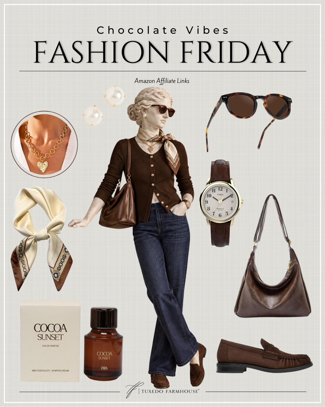 Chocolate brown is having such a pretty fall season! 🤎 I love this mix of rich brown, classic denim and timeless accessories—the cardigan, loafers, slouchy bag and silk scarf make such an easy, polished look for fall. And that Cocoa Sunset perfume sounds like the perfect finishing touch with its warm milk chocolate and whipped cream notes. Everything is linked for an effortless Fashion Friday refresh!

#LTKStyleTip #LTKSeasonal #LTKFindsUnder100 #FallFashion #ChocolateBrown #AmazonFashion #FallStyle #FashionFriday 

 #LTKSeasonal #LTKHome #LTKSaleAlert