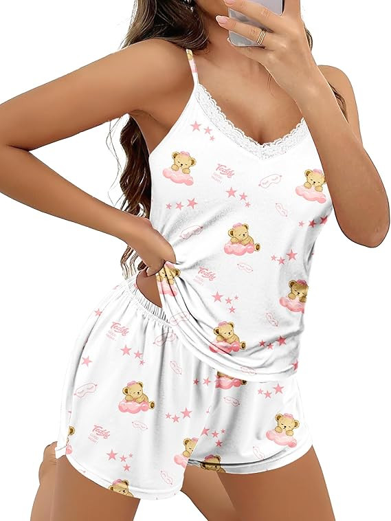 Ekouaer Pajama Sets for Women 2 Piece Soft Lingerie Sleepwear Cute Print Cami Pj Shorts Set Lace ... | Amazon (US)