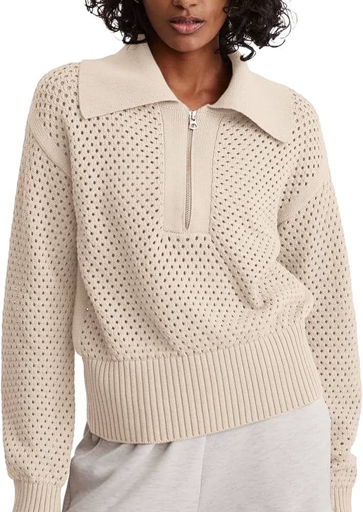 Women's Half Zip Pullover Sweaters Crochet Lapel Collar Long Sleeve Knit Solid Color Jumper Tops | Amazon (US)