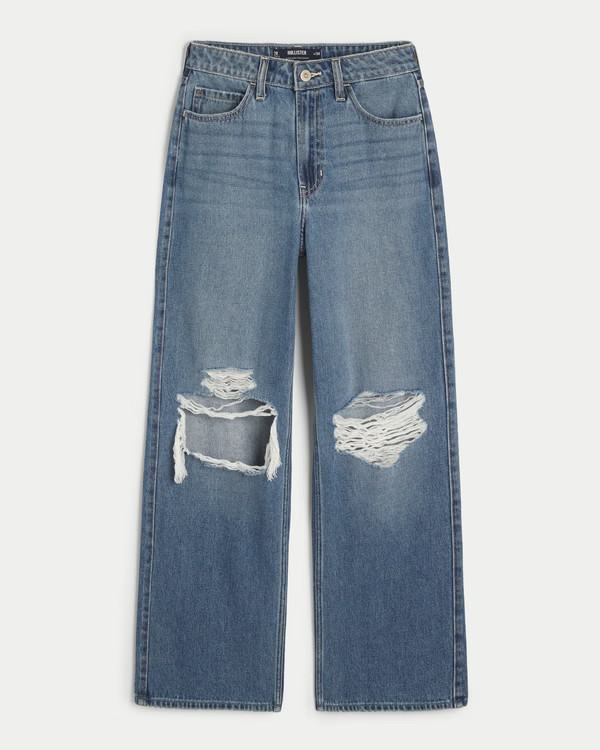 Women's Ultra High-Rise Ripped Medium Wash Baggy Jeans | Women's Bottoms | HollisterCo.com | Hollister (US)