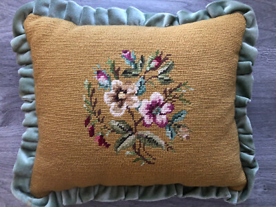 ~Lovely Vintage Wool And Velvet Ruffled Floral Needlepoint Pillow Cottage Chic~ | eBay US
