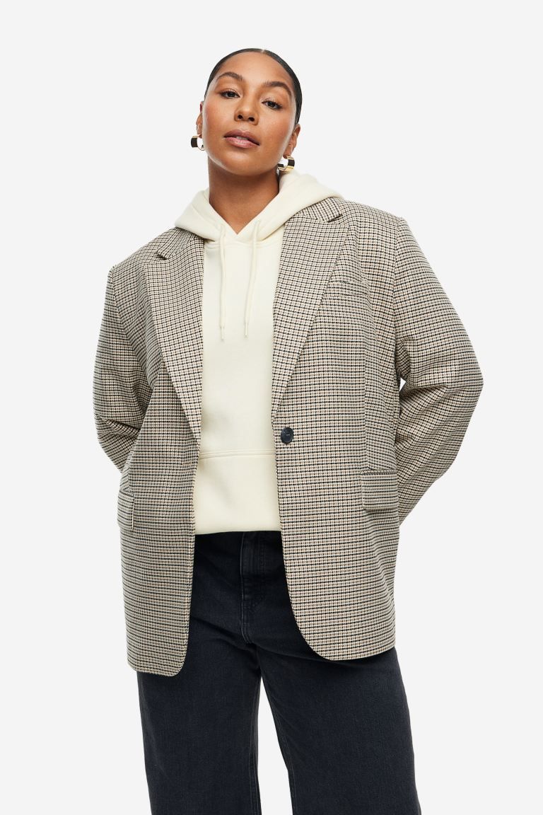 Oversized blazer - V-neck - Long sleeve - Brown/houndstooth-patterned - Ladies | H&M US | H&M (US + CA)