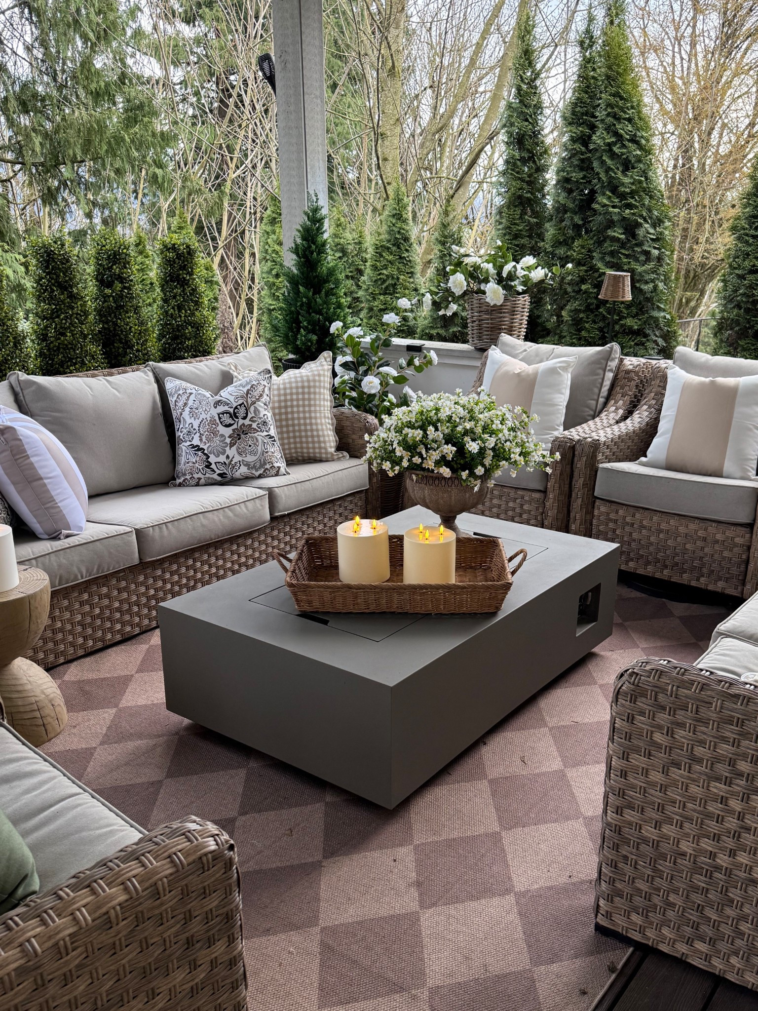 Starting to feel like patio season! 
We have a Walmart patio set x2, lol. Two sofas and four swivel chairs! 
Our patio is 20x20