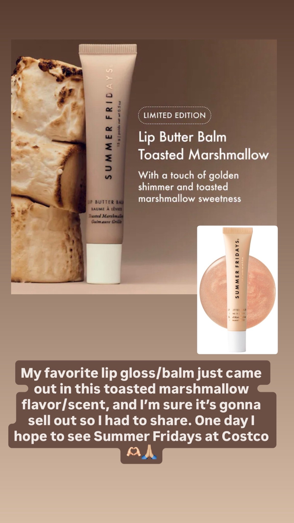 I’m so excited Summer Fridays decided to offer the toasted marshmallow lip butter by itself. It came in a bundle with hot cocoa, which didn’t sound great to me, so I never bought it. I’m sure this is going to sell out quick once word gets out! @Summer Fridays 

#LTKselfcare #LTKdayinmylife #LTKgrwm