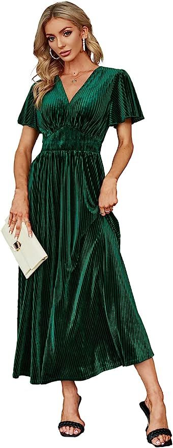 Simplee Apparel Women's Boho Floral V Neck Formal Maxi Ruffle Dress Long Flowy Bridesmaid Wedding... | Amazon (US)