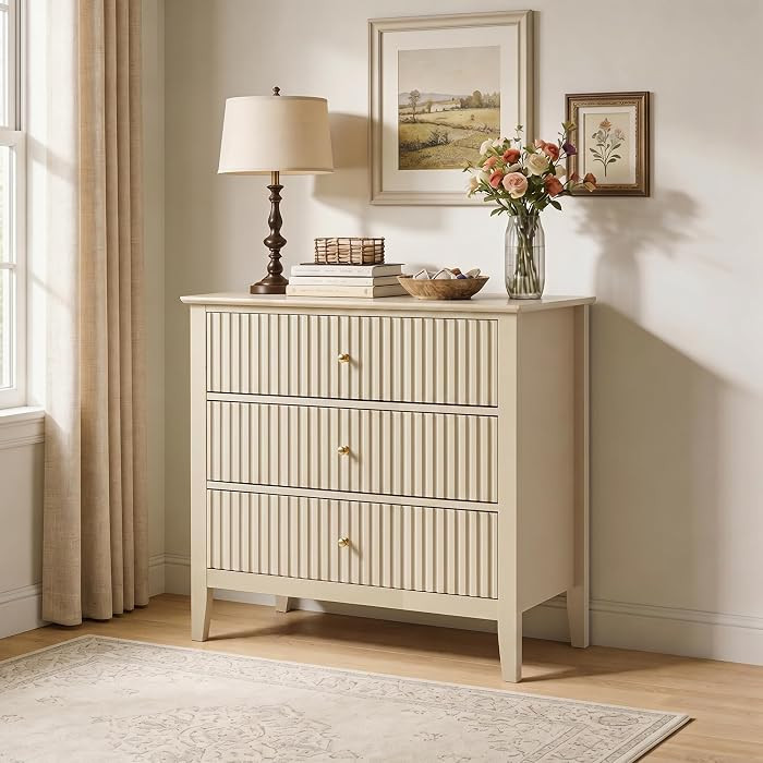 RoyalCraft Beige Fluted 3 Drawer Dresser, 32 inch Wide Dresser Nightstand for Bedroom, Modern Woo... | Amazon (US)