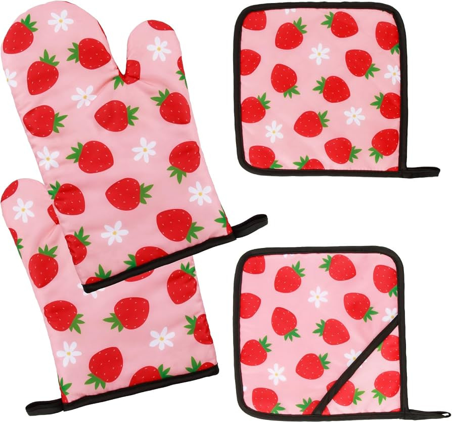 4 PSC Strawberry Pink Cute Oven Mitts Pot Holders Set,Strawberry Kitchen Accessories Decor,Heat R... | Amazon (US)