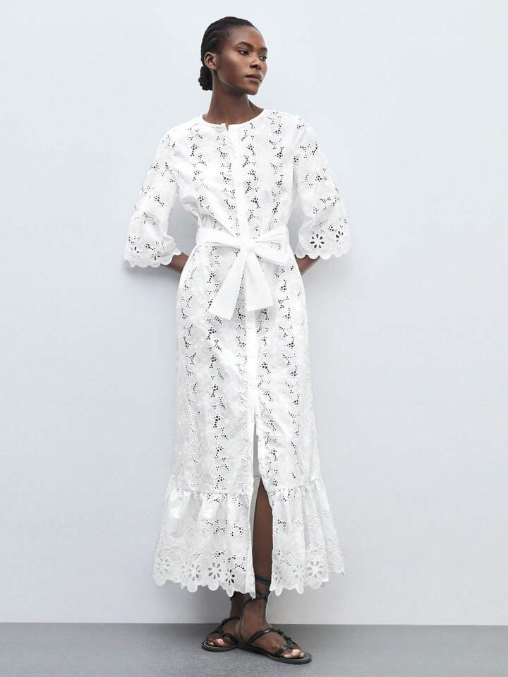 Maija Women's Summer Vacation Embroidered Hollow Lace Waist Tie Loose Mid-Sleeve Long Dress | SHEIN