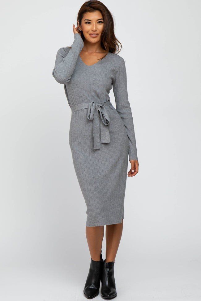 Heather Grey Tie Front Sweater Midi Dress | PinkBlush Maternity