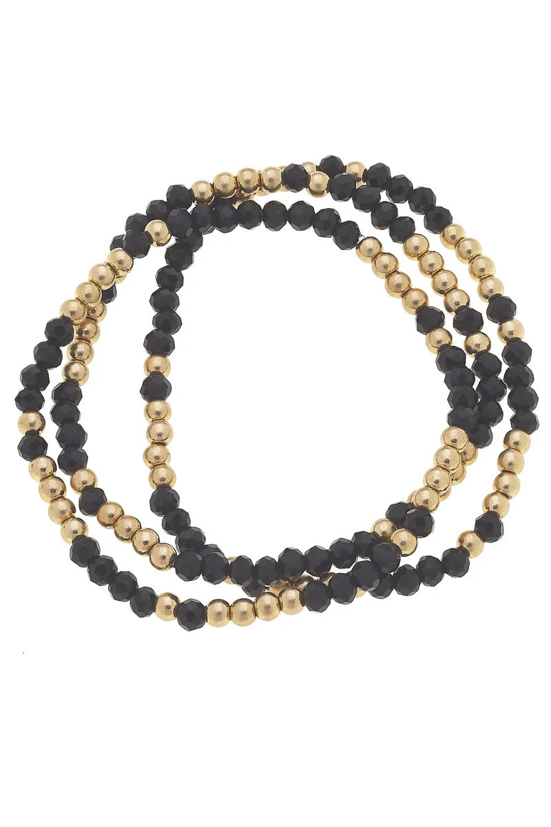 Francie Glass Beaded Stretch Bracelets (Set of 3) in Black & Gold | CANVAS