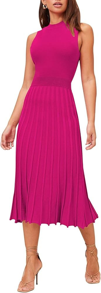 Pink Queen Women's Crew Neck Sleeveless High Waisted Bodycon Pleated Ribbed Swing Knit Midi Dress... | Amazon (US)