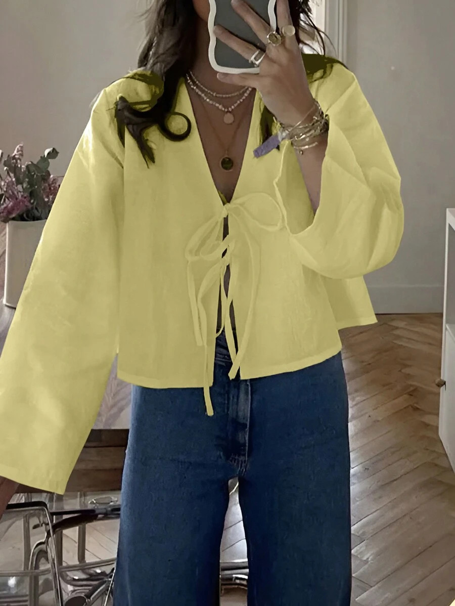 INAWLY Women's Lace-Up Front Long Sleeve Loose Elegant Blouse | SHEIN