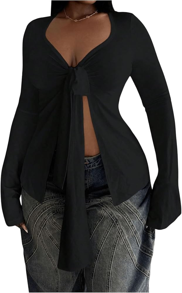 OYOANGLE Women's Long Sleeve Knot Front Sweetheart Neck T-Shirt Split Hem Trendy Tunic Tops | Amazon (US)