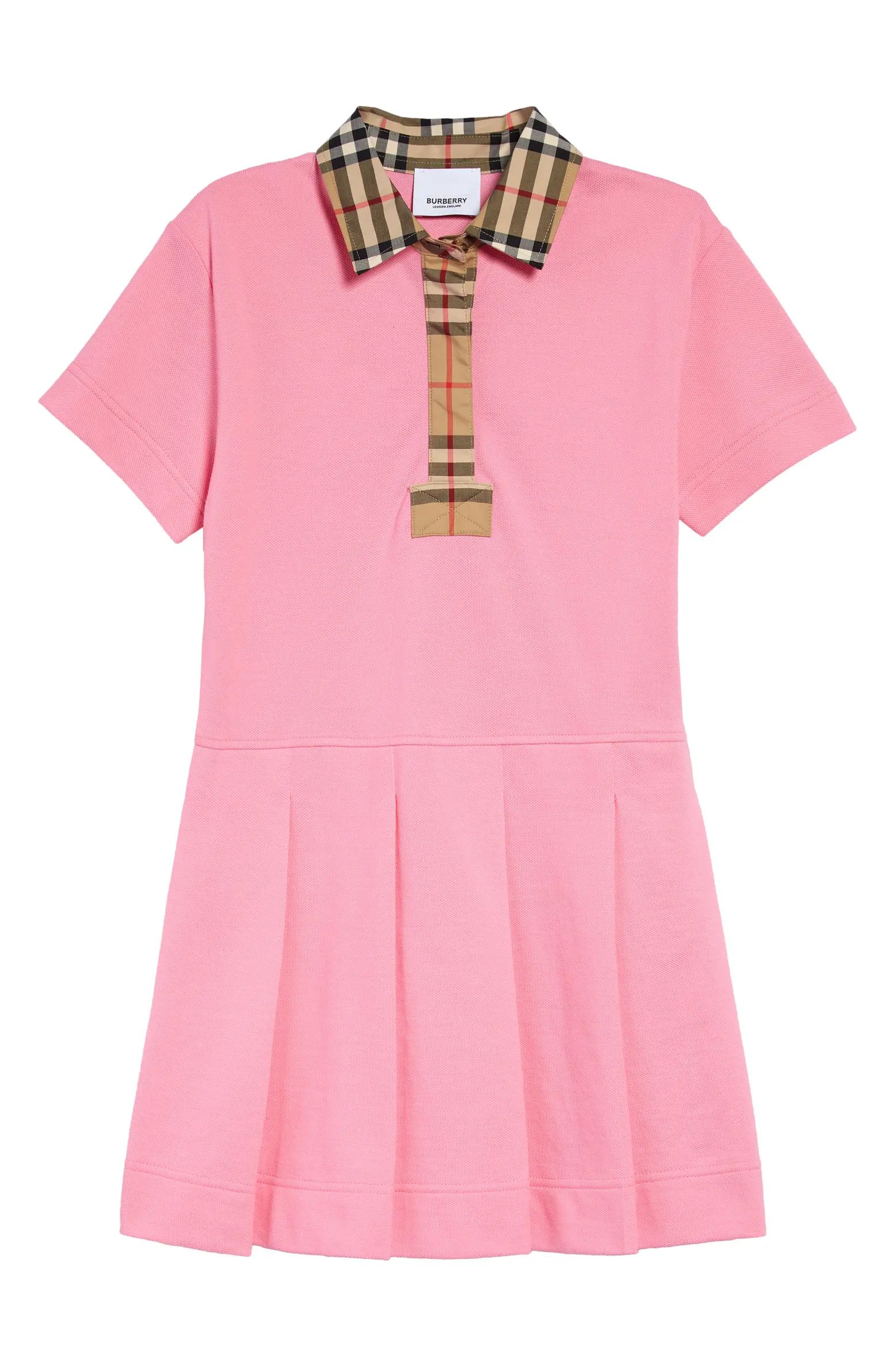 Kids' Sigrid Pleated Check Trim Cotton Piqué Polo Dress | Nordstrom