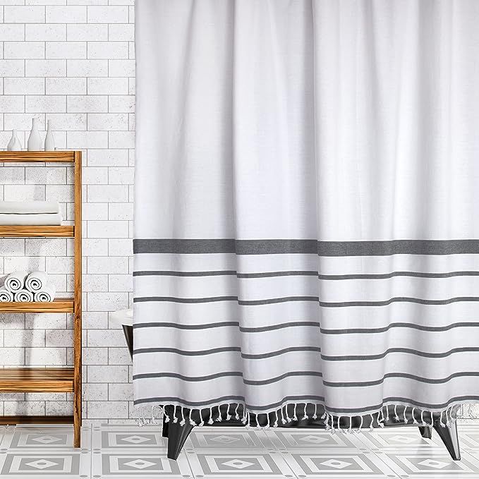 Berch & Loom Modern Farmhouse Striped Shower Curtain with Tassels, White, 100% Cotton Cloth Fabri... | Amazon (US)