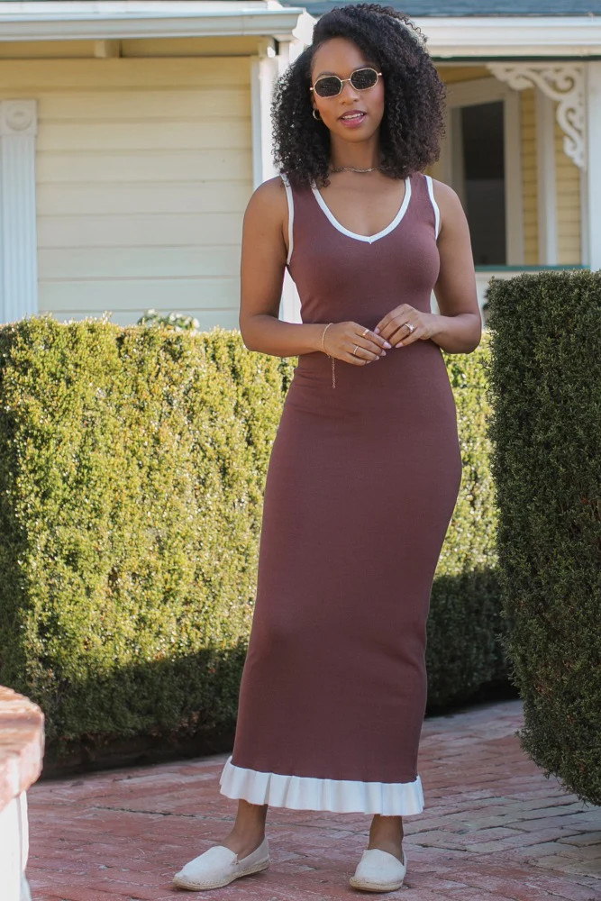 Brown Knit V-Neck Contrast Ruffle Hem Maxi Dress | PinkBlush Maternity