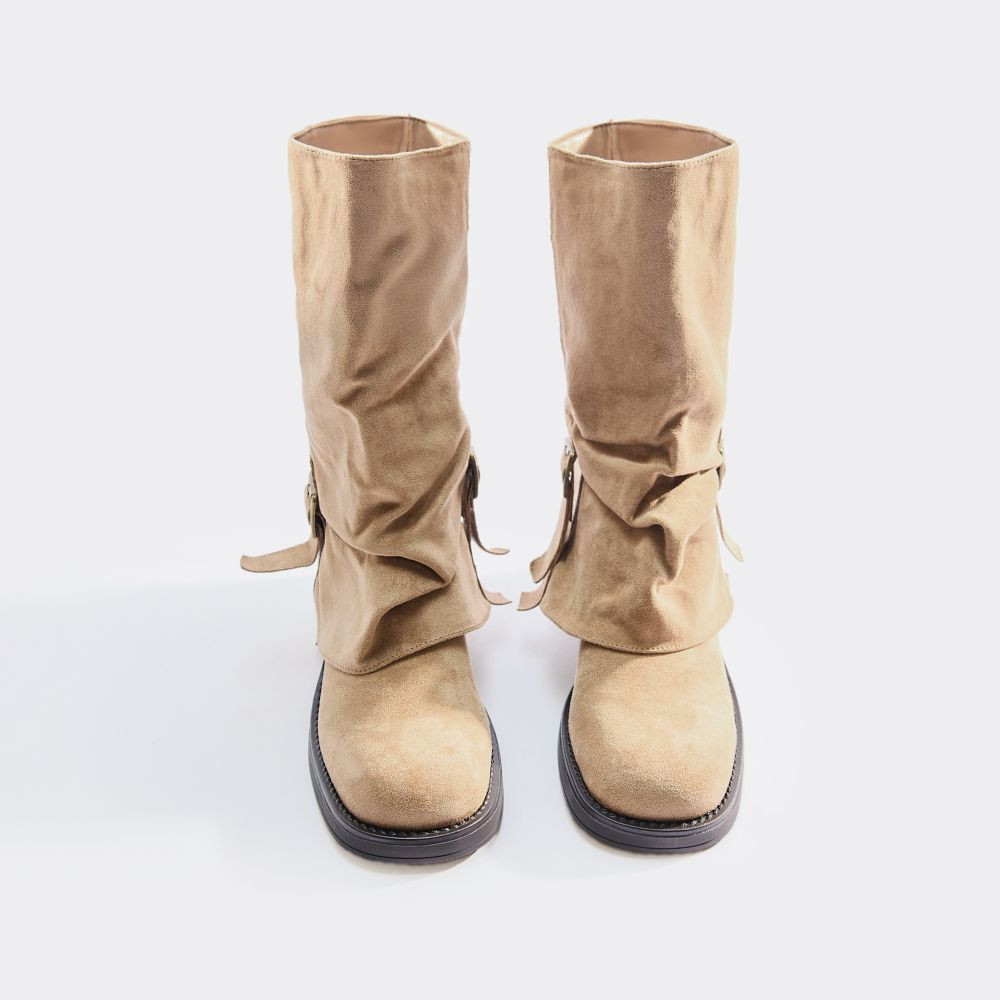 Karla Buckle Detail Mid Calf Chunky Biker Boot In Beige Faux Suede | EGO (UK)