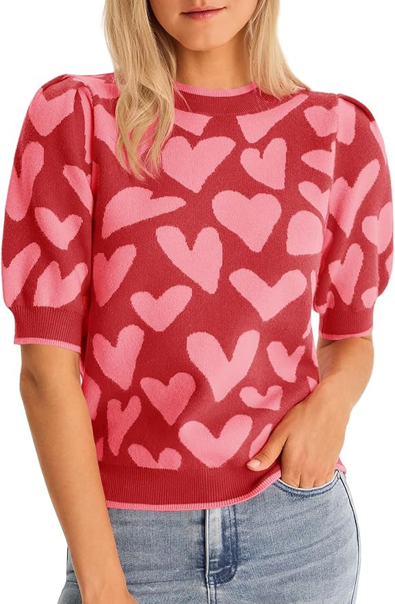 Saodimallsu Womens Puff Short Sleeve Heart Sweater Valentines Crew Neck Graphic Knit Pullover Cro... | Amazon (US)