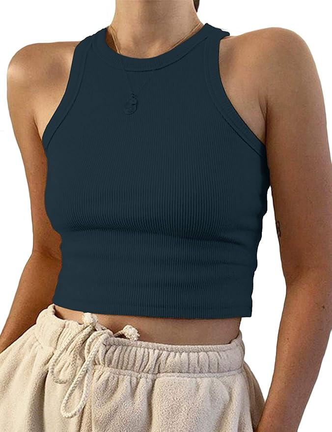 Meladyan Women's Round Neck Basic Racerback Camisole Rib-Knit Solid Sleeveless Crop Tank Tops | Amazon (US)