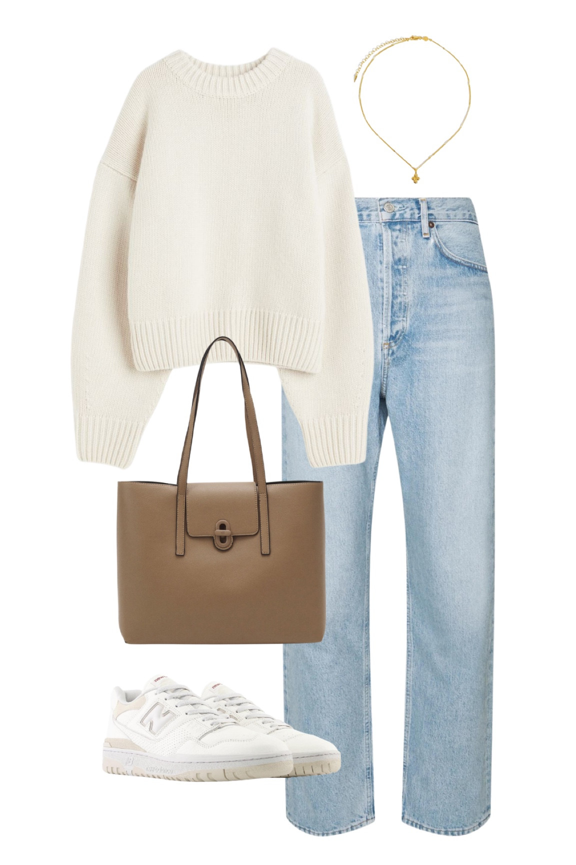 Minimalistic neutral outfit inspo: a beige knit sweater, light wash straight leg jeans, a brown tote bag from Parfois, a gold cross necklace and new balance sneakers.

#LTKsalealert #LTKstyletip #LTKBacktoSchool