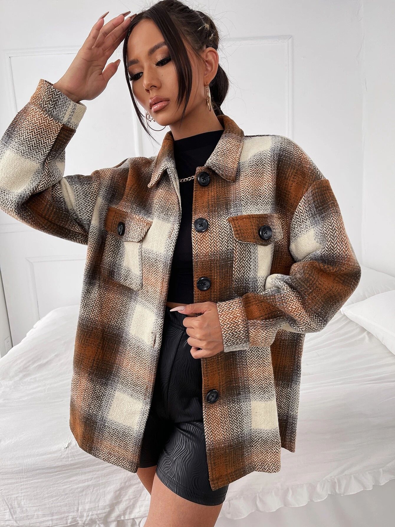 SHEIN Flap Pocket Drop Shoulder Plaid Coat | SHEIN