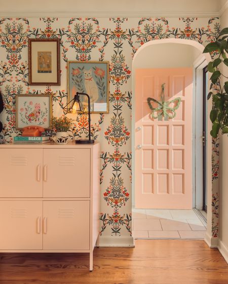 My rifle paper co peel & stick wallpaper and this storage cabinet I use for shoes are on sale on Wayfair! @wayfar #wayfair #entryway #wallpaper