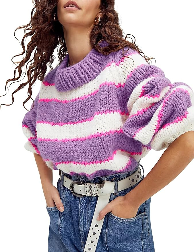 Yeokou Women Stripe Pullover Sweater Turtleneck Ribbed Knit Top Casual Fall Winter Chunky Knitwea... | Amazon (US)