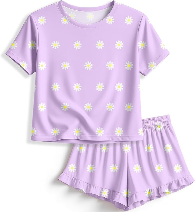 Petite&Me Girls Pajama Set 2 Piece Short Sleeve Top and Ruffle Shorts Soft Breathable Sleepwear K... | Amazon (US)