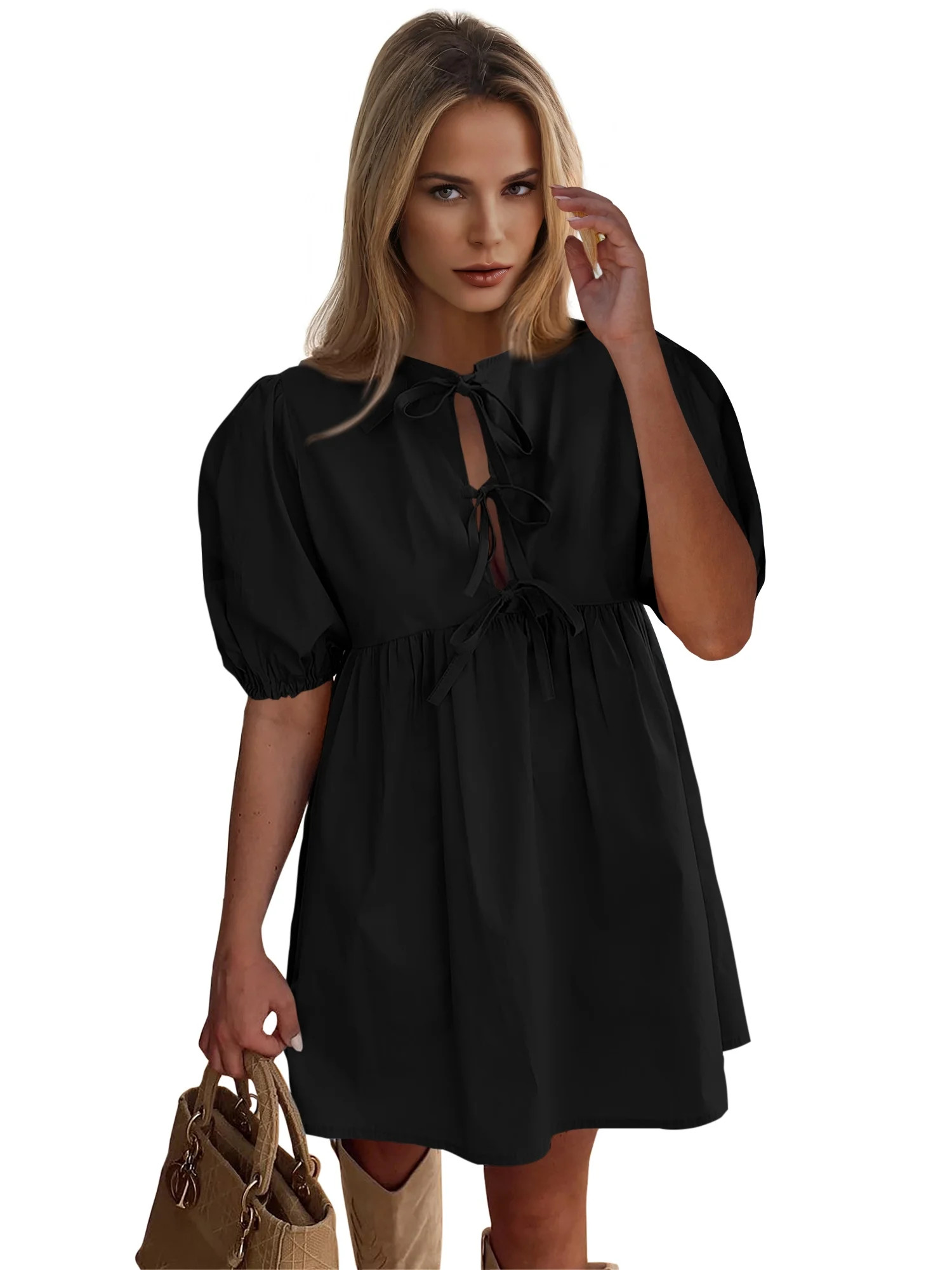 PRETTYGARDEN Women's Bow Front Mini Dress with Puff Sleeves, Sizes S-XXL | Walmart (US)