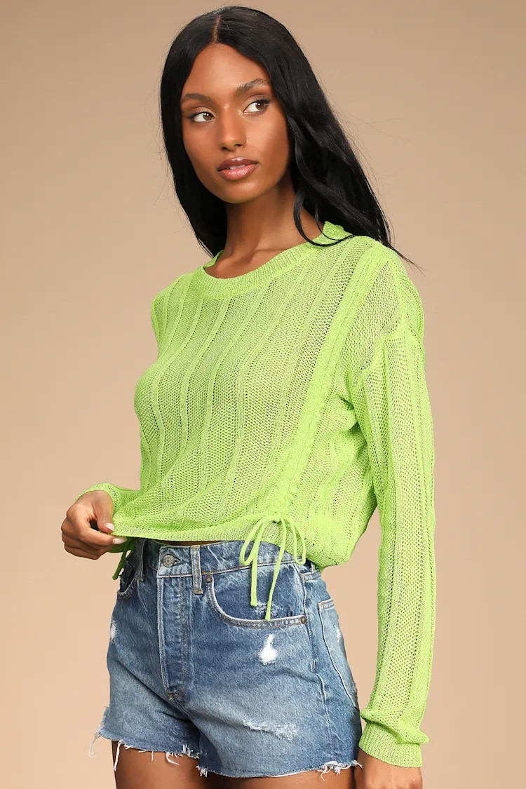 Grab Your Attention Bright Green Knit Ruched Drawstring Sweater | Lulus (US)
