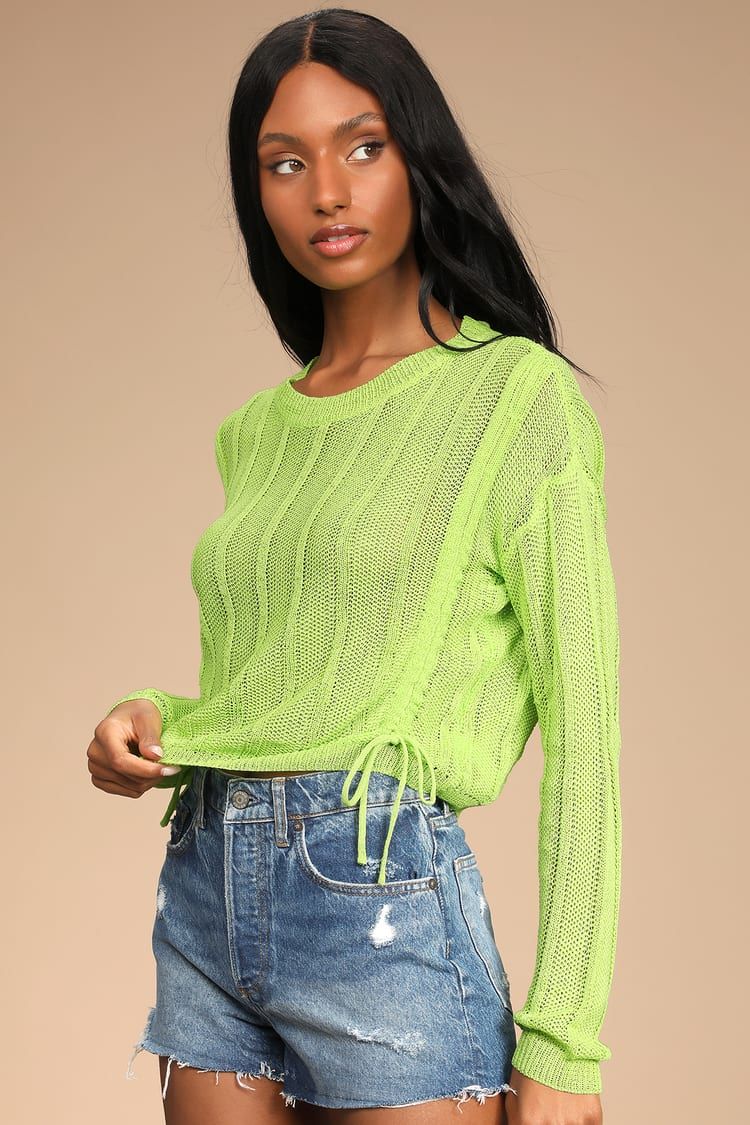 Grab Your Attention Bright Green Knit Ruched Drawstring Sweater | Lulus (US)