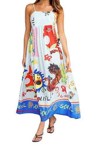 NUFIWI Women Boho Graffiti Cami Long Dress Graphic Spaghetti Strap Flowy Swing Maxi Dress Square ... | Amazon (US)