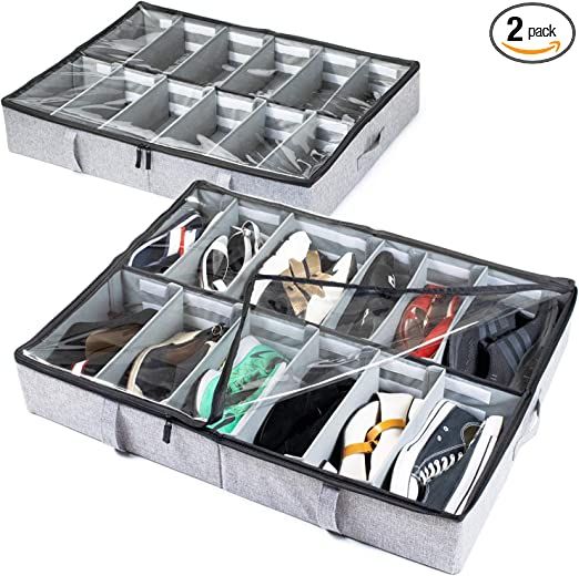 storageLAB Under Bed Shoe Storage Organizer, Adjustable Dividers - Set of 2, Fits 24 Pairs Total ... | Amazon (US)