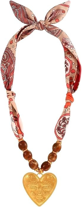 Boho Scarf Necklace with Large Heart Charm Resin Sun Pendant and Western Cross, Red Beaded Bandan... | Amazon (US)