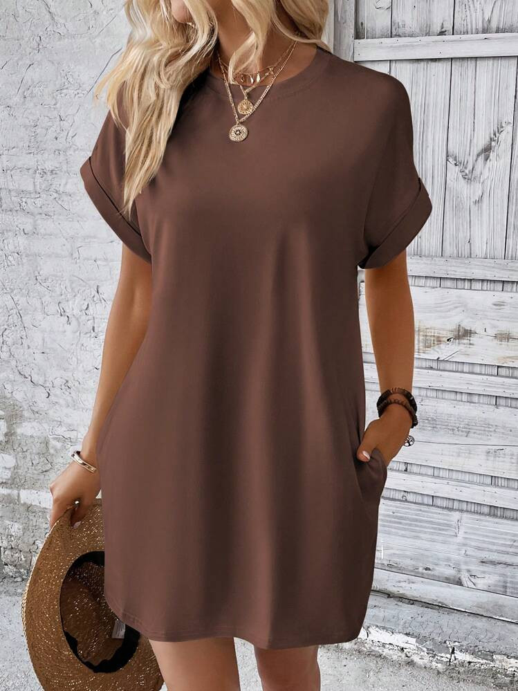 Solid Color Round Neck Short Sleeve Dress With Pocket For Summer | SHEIN