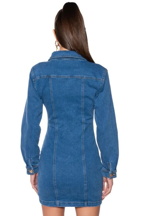 DON'T PUSH MY BUTTONS DENIM MINI DRESS | AKIRA