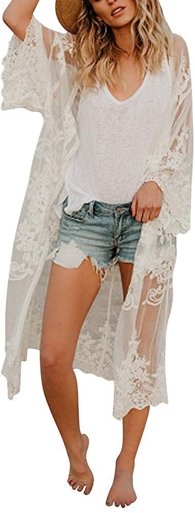 Women’s Bathing Suit Kimono Beach Cover Up Lace Crochet Pool Swimwear | Amazon (US)