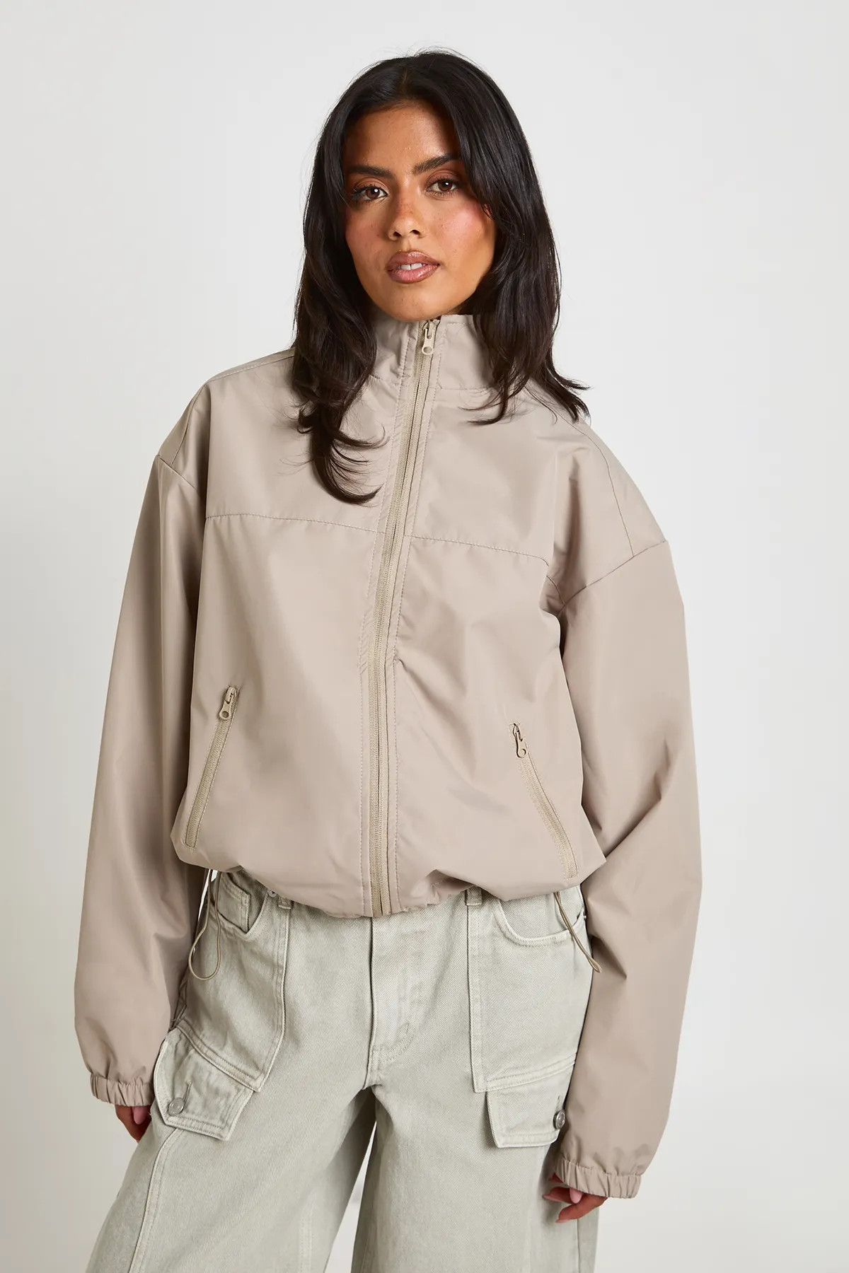 boohoo Women's High Neck Zip Through Lightweight Jacket in Sage | Size: Large | Boohoo.com (UK & IE)