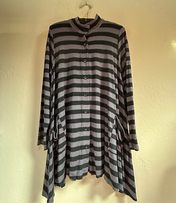 Comfy USA Womens Tunic Cardigan Button Front Sharkbite Hem Striped Black Large | eBay US