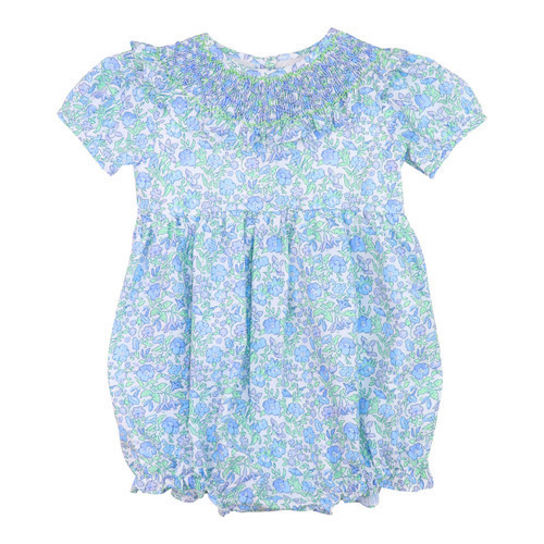 Smocked Blue And Green Floral Bubble  - Shipping Late March | Cecil and Lou