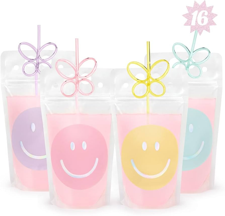 xo, Fetti Smiley Drink Pouches + Butterfly Straws - 16 count | Bday Cups, Happy Pastel Birthday P... | Amazon (US)